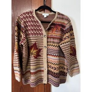 Coldwater Creek PXL Cardigan Sweater Fall Leaf Fair Isle Knit Button Front